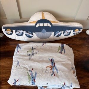 Pottery Barn Kids Twin airplane sheet set with large airplane pillow